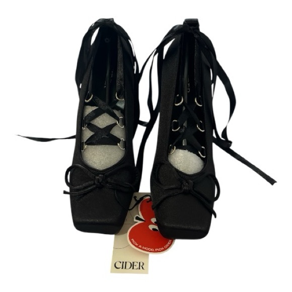 Cider Black Lace-Up Square Toe Heels with Ribbon Ties - Picture 2 of 4